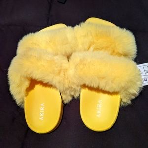 Yellow Akira Faux-Fur Slides